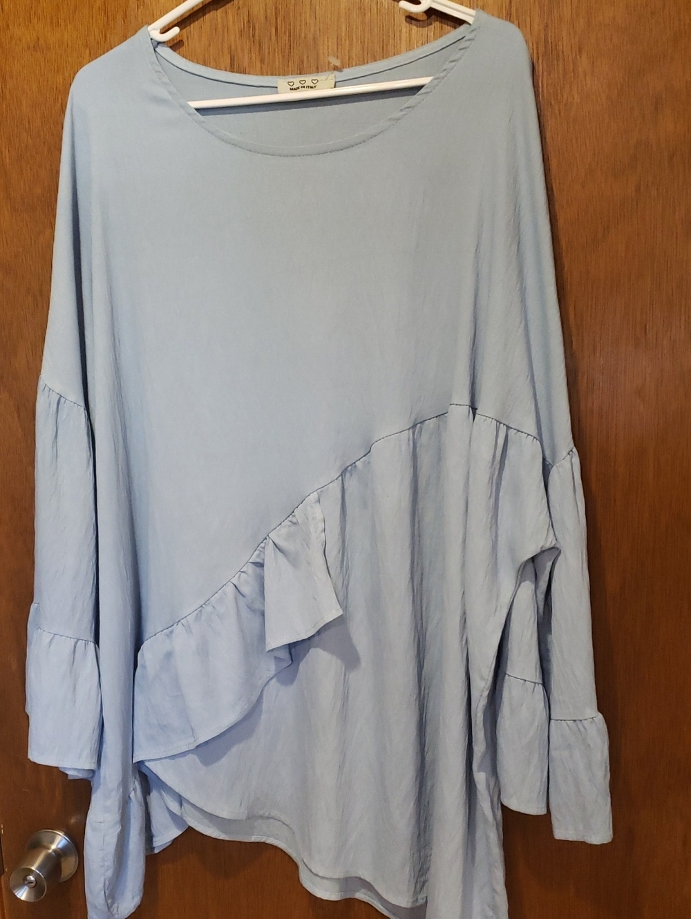 Plus Size Women’s Light Blue Ruffle-Trim Lagenlook Tunic Top by Made In Italy